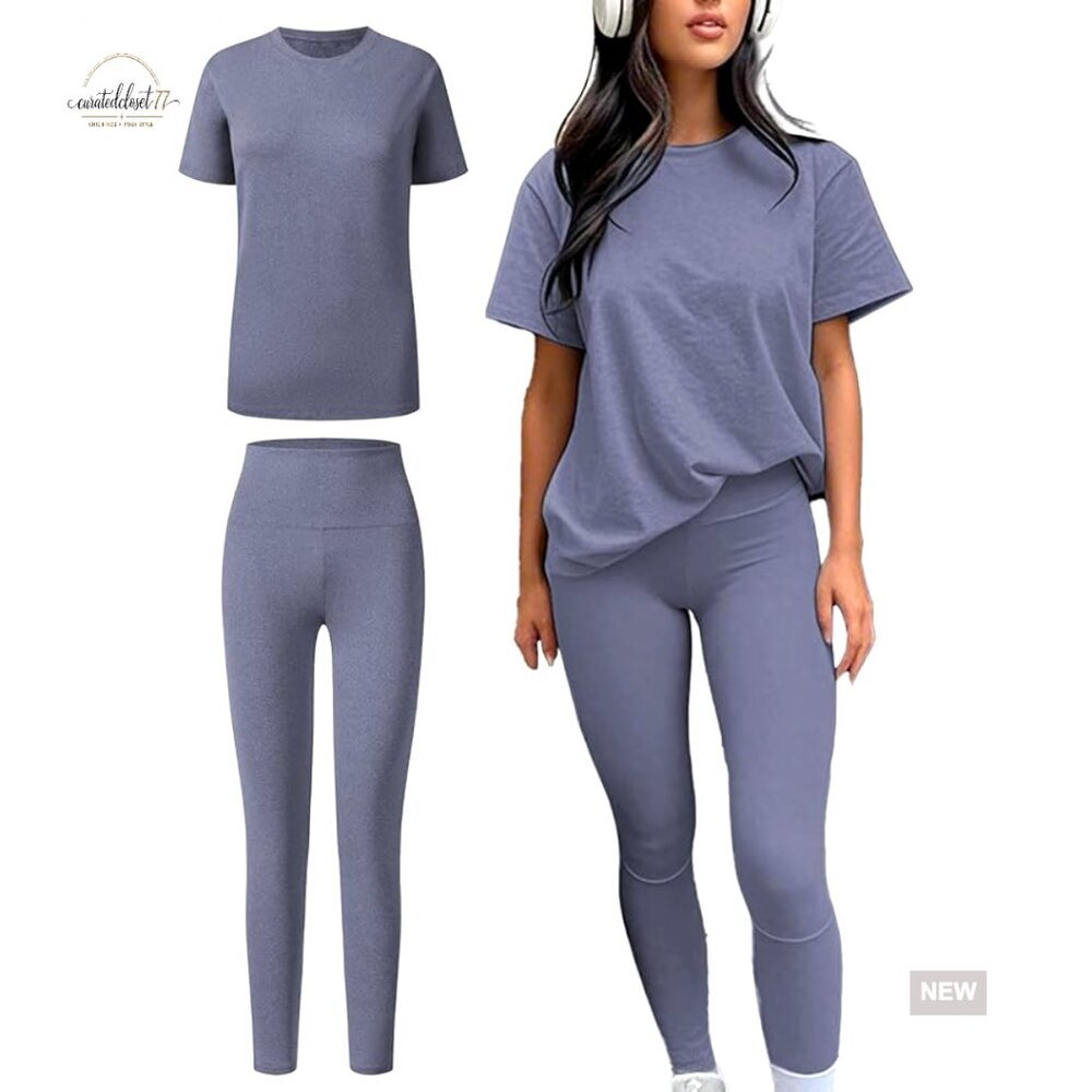 Large High Waist Yoga Set with Short Sleeve Top and Pants